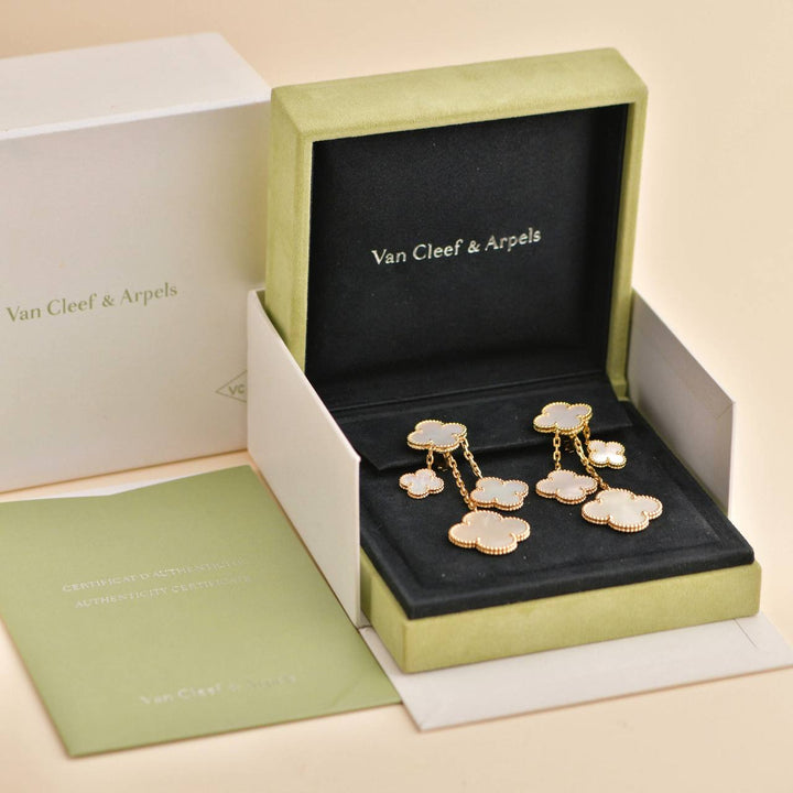 Preowned Van Cleef & Arpels Magic Alhambra 4 Motif Mother of Pearl 18K Yellow Gold Earrings