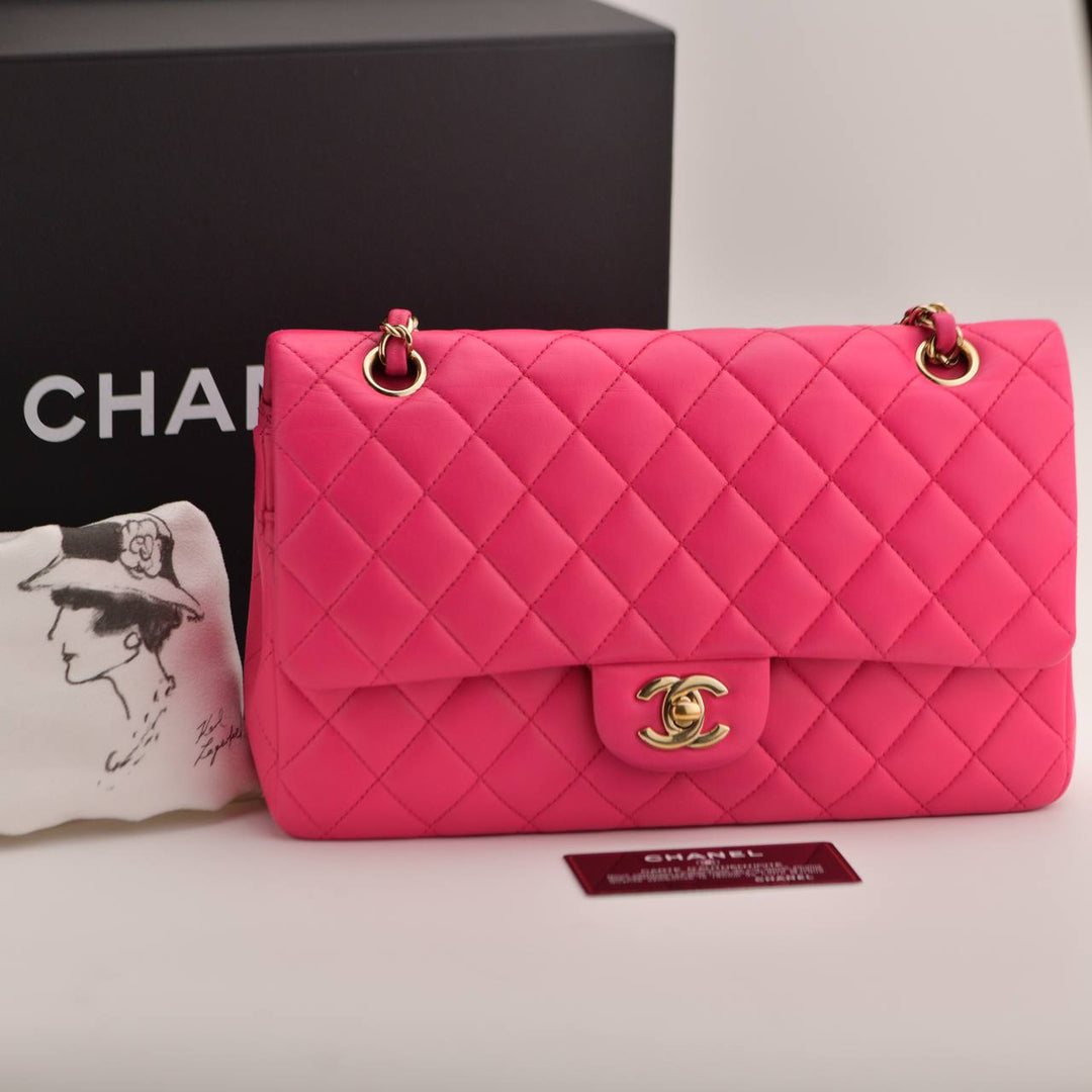Preowned Chanel Lambskin Fuchsia Quilted Medium Classic Double Flap Bag