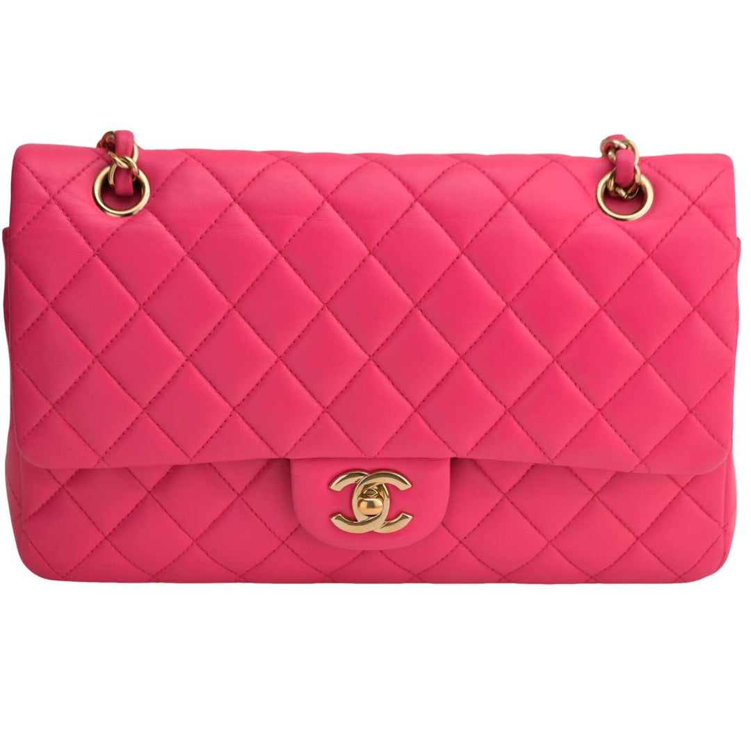 Preloved Chanel Lambskin Fuchsia Quilted Medium Classic Double Flap Bag