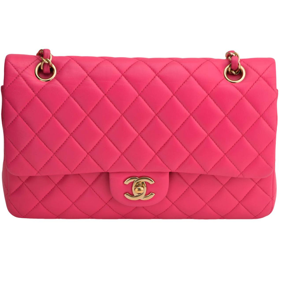 Preloved Chanel Lambskin Fuchsia Quilted Medium Classic Double Flap Bag