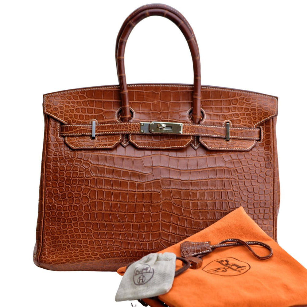 Preowned Hermès Birkin 35 Brown Shiny Porosus Crocodile Silver Hardware Handbag