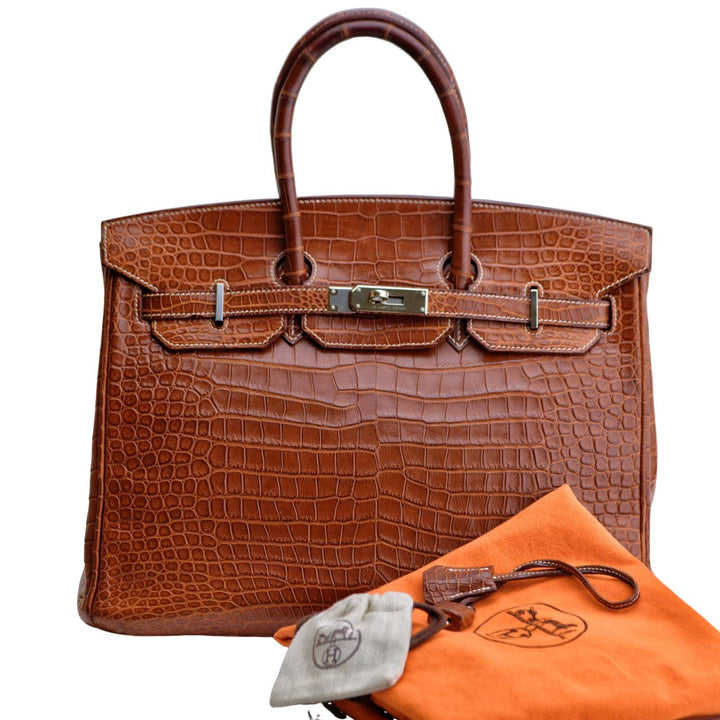 Preowned Hermès Birkin 35 Brown Shiny Porosus Crocodile Silver Hardware Handbag