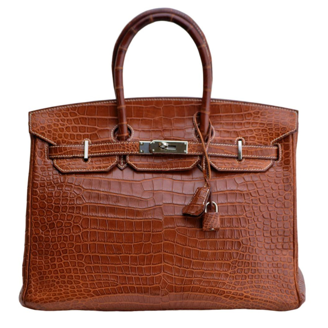Preloved Hermès Birkin 35 Brown Shiny Porosus Crocodile Silver Hardware Handbag
