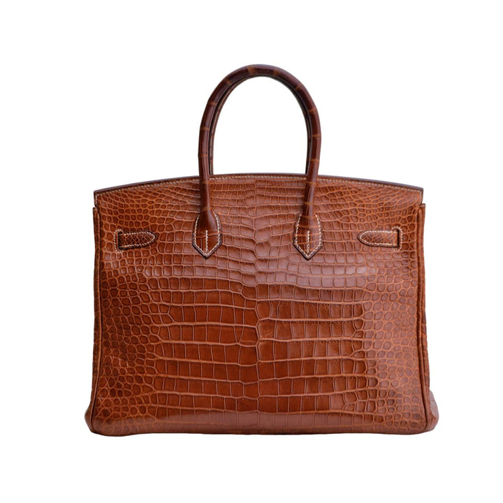 Second Hand Hermès Birkin 35 Brown Shiny Porosus Crocodile Silver Hardware Handbag