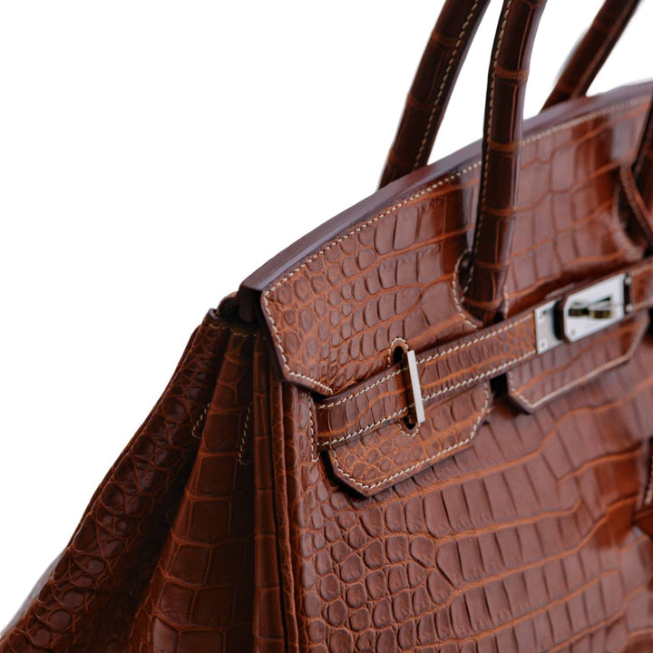 Second Hand Hermès Birkin 35 Shiny Porosus Crocodile Silver Hardware Handbag