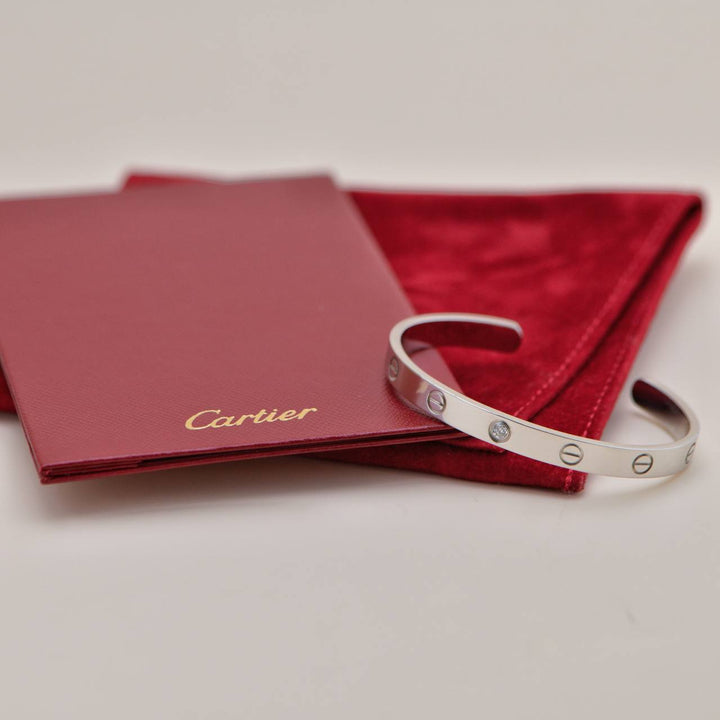 Preloved Cartier Love One Diamond 18K White Gold Cuff Bracelet Size 17