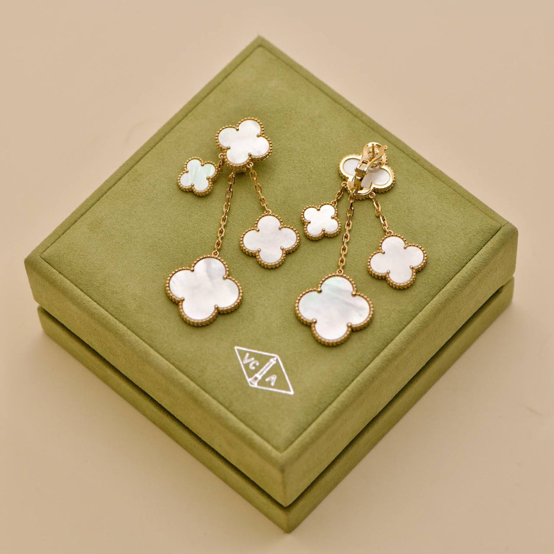 Preloved Van Cleef Magic Alhambra 4 motif Mother of Pearl 18K Yellow Gold Earrings