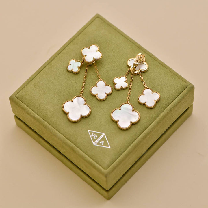 Preloved Van Cleef Magic Alhambra 4 motif Mother of Pearl 18K Yellow Gold Earrings