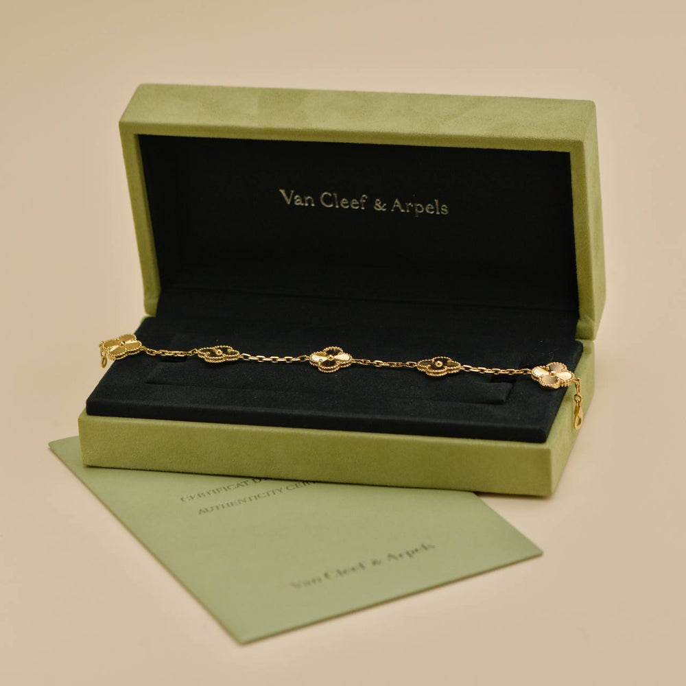 Preowned Van Cleef & Arpels Vintage Alhambra Guilloché 5 Motifs 18K Yellow Gold Bracelet