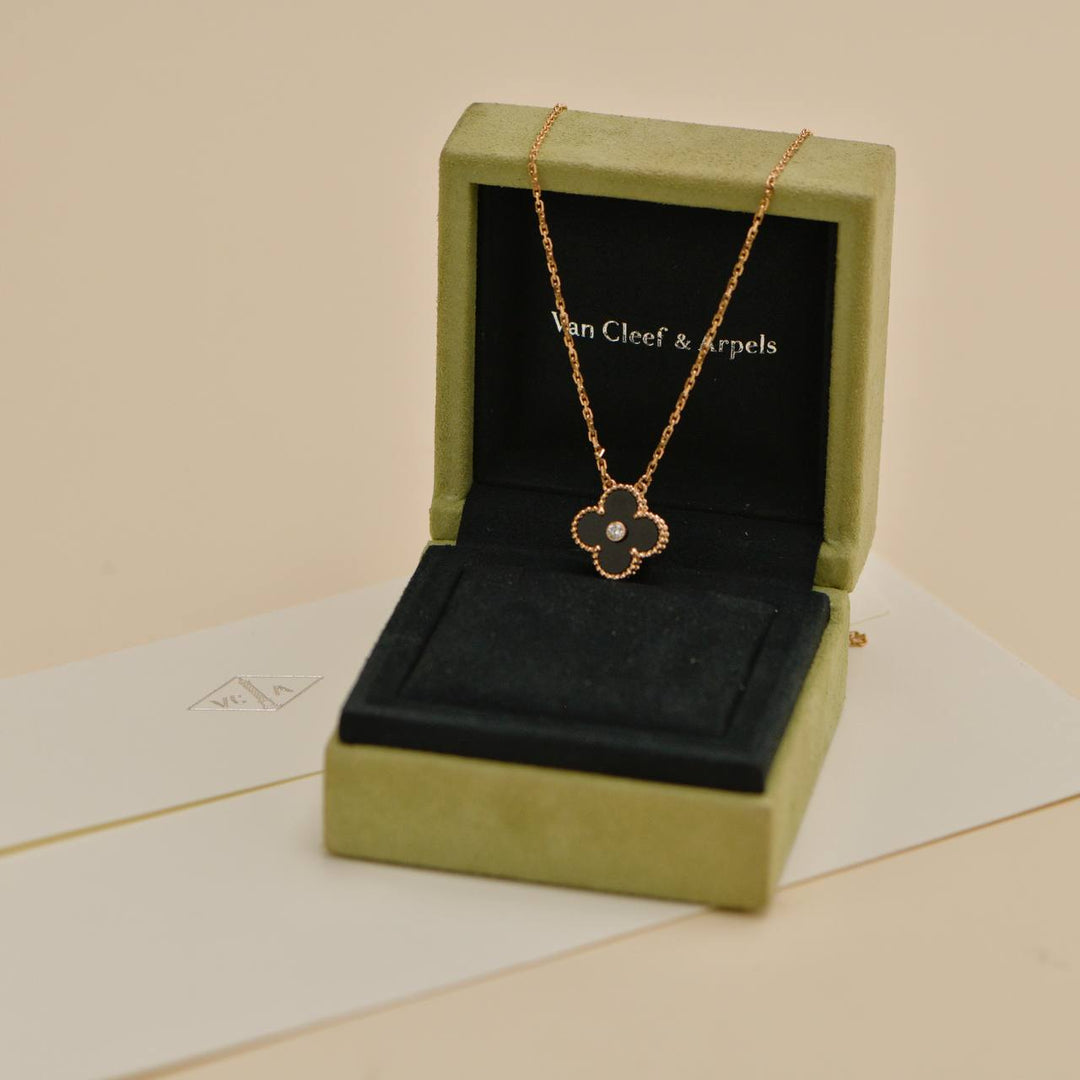 Preowned Van Cleef & Arpels Vintage Alhambra Onyx 18K Rose Gold 2016 Holiday Pendant Necklace