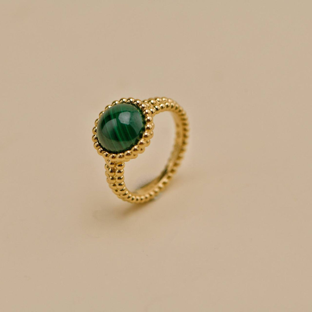 Second Hand VCA Perlée Malachite 18k Yellow Gold Ring Size 54