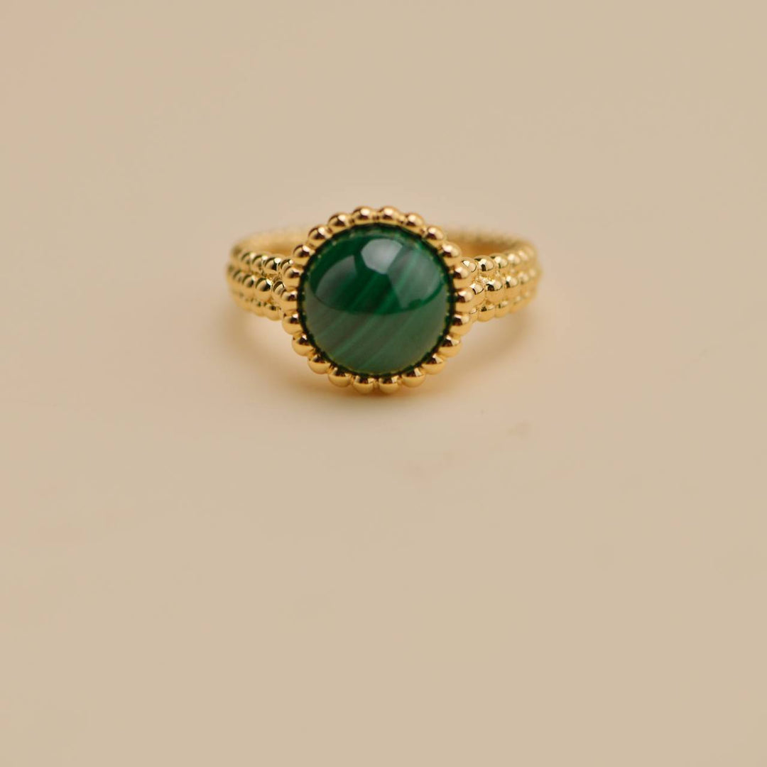 Van Cleef & Arpels Perlée Malachite 18k Yellow Gold Ring Size 54