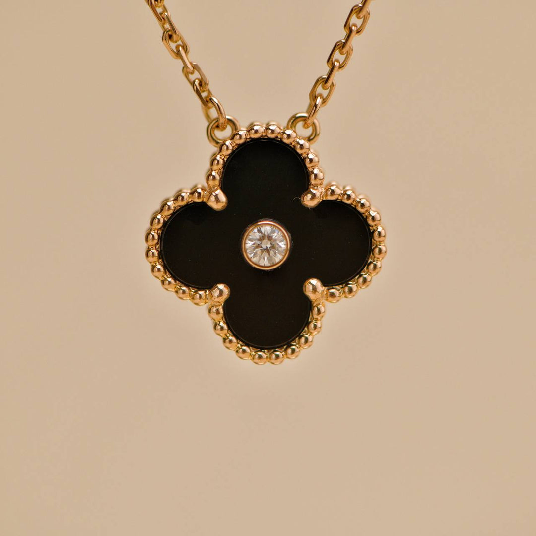 Preloved VCA Vintage Alhambra Onyx 18K Rose Gold 2016 Holiday Pendant Necklace