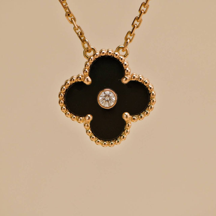 Preloved VCA Vintage Alhambra Onyx 18K Rose Gold 2016 Holiday Pendant Necklace