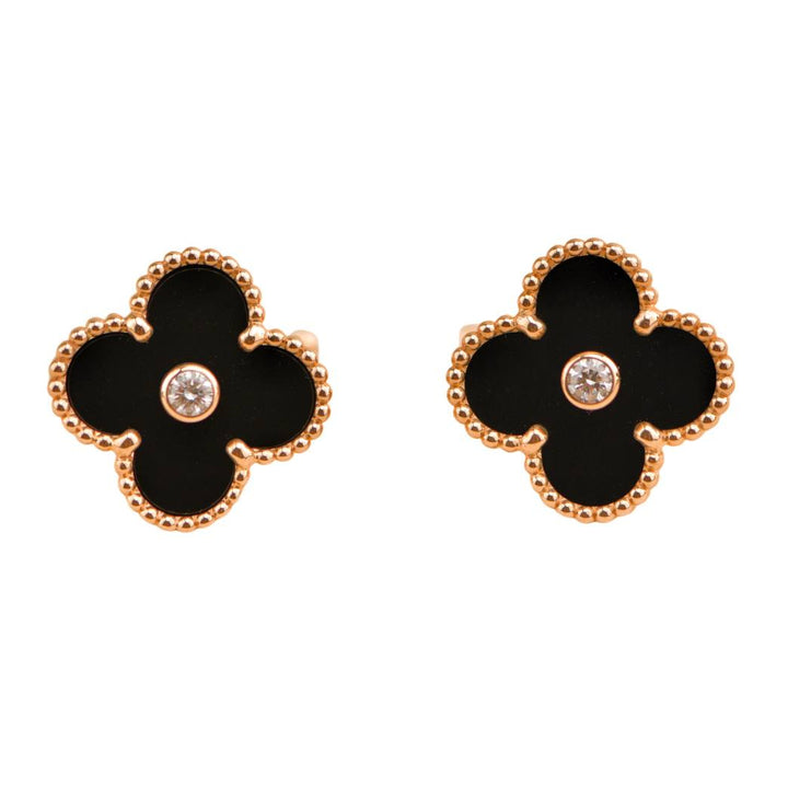 Preloved Van Cleef & Arpels Vintage Alhambra Limited Edition Onyx Diamond Rose Gold Earrings