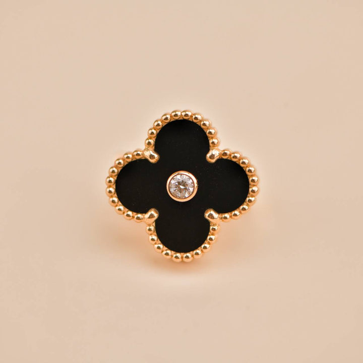 Preloved Van Cleef Vintage Alhambra Limited Edition Onyx Diamond Rose Gold Earrings