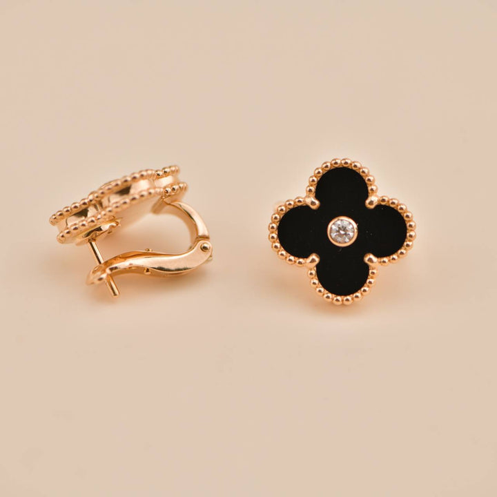 Preowned Van Cleef Vintage Alhambra Limited Edition Onyx Diamond Rose Gold Earrings