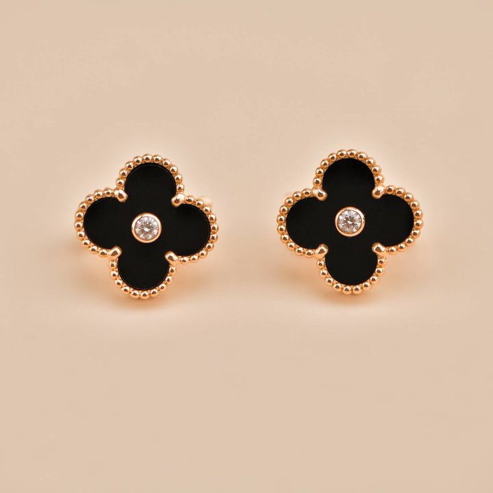 Second Hand Van Cleef Vintage Alhambra Limited Edition Onyx Diamond Rose Gold Earrings