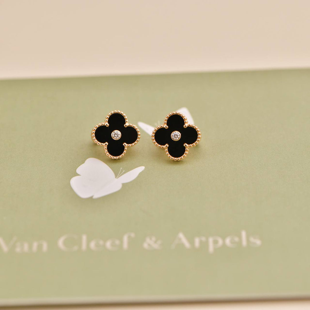 Second Hand Van Cleef & Arpels Vintage Alhambra Limited Edition Onyx Diamond Rose Gold Earrings