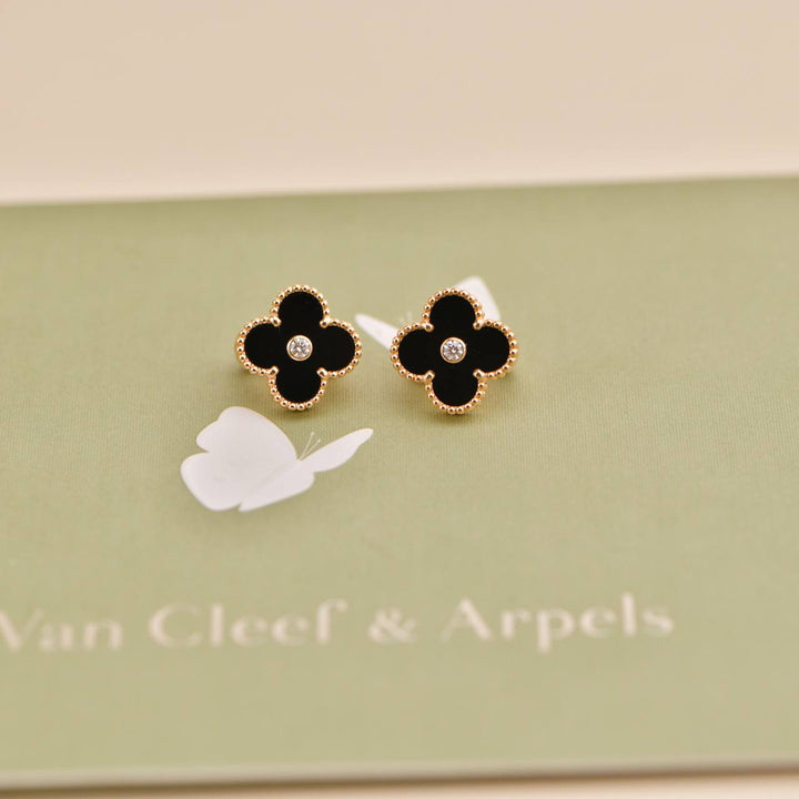 Second Hand Van Cleef & Arpels Vintage Alhambra Limited Edition Onyx Diamond Rose Gold Earrings