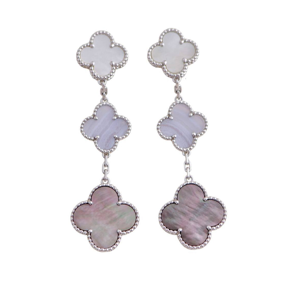 Preloved Van Cleef & Arpels Magic Mother of Pearl and Chalcedony 3 Motif Earrings
