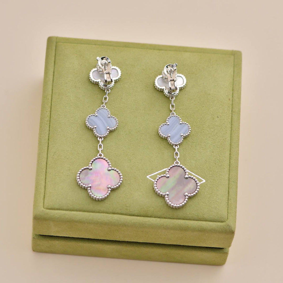 Second Hand Van Cleef & Arpels Magic Mother of Pearl and Chalcedony 3 Motif Earrings