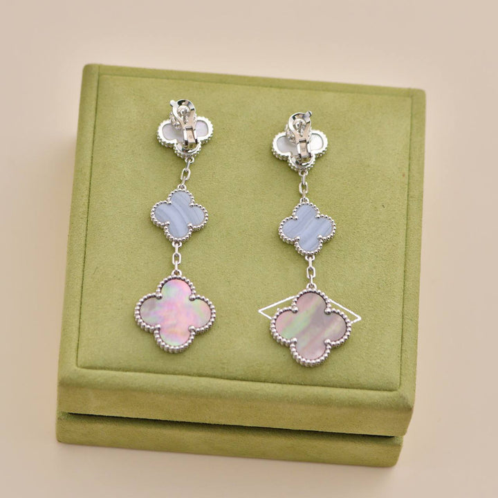 Second Hand Van Cleef & Arpels Magic Mother of Pearl and Chalcedony 3 Motif Earrings