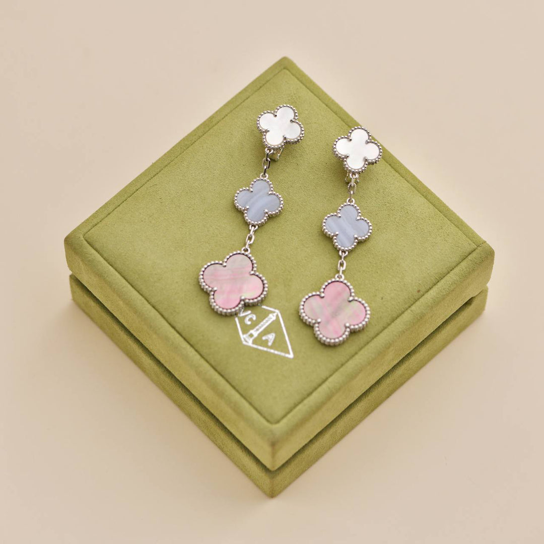 Used Van Cleef & Arpels Magic Mother of Pearl and Chalcedony 3 Motif Earrings