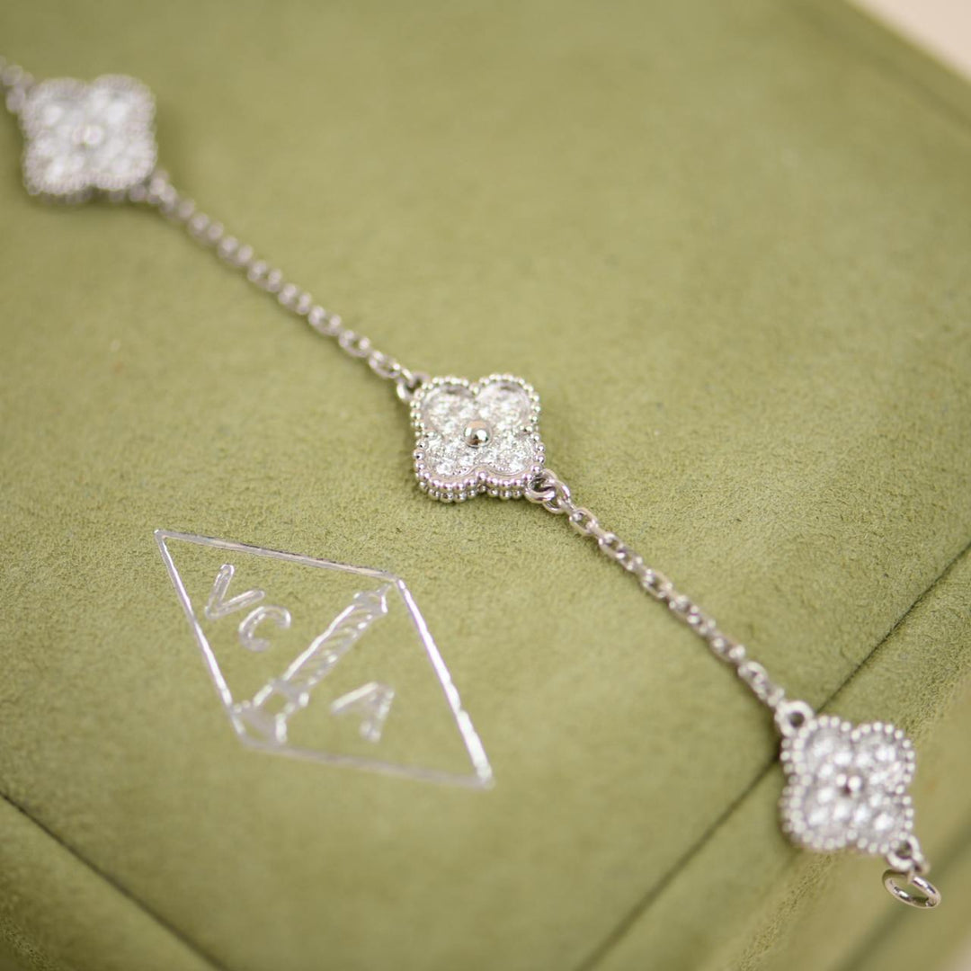 Preowned Van Cleef Sweet Alhambra Diamond White Gold 6 Motif Bracelet