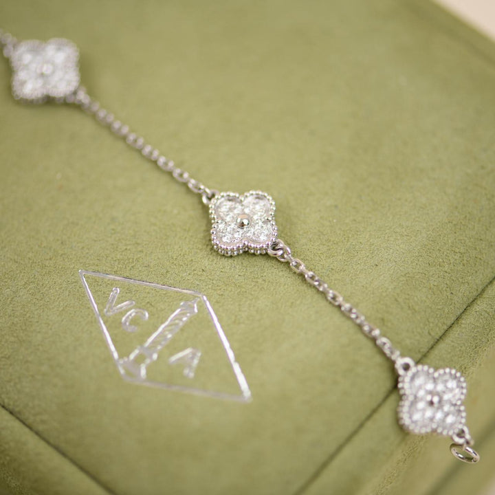 Preowned Van Cleef Sweet Alhambra Diamond White Gold 6 Motif Bracelet