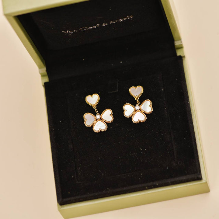 Used Van Cleef & Arpels Sweet Hearts Diamond Mother of Pearl 18K Yellow Gold Earrings