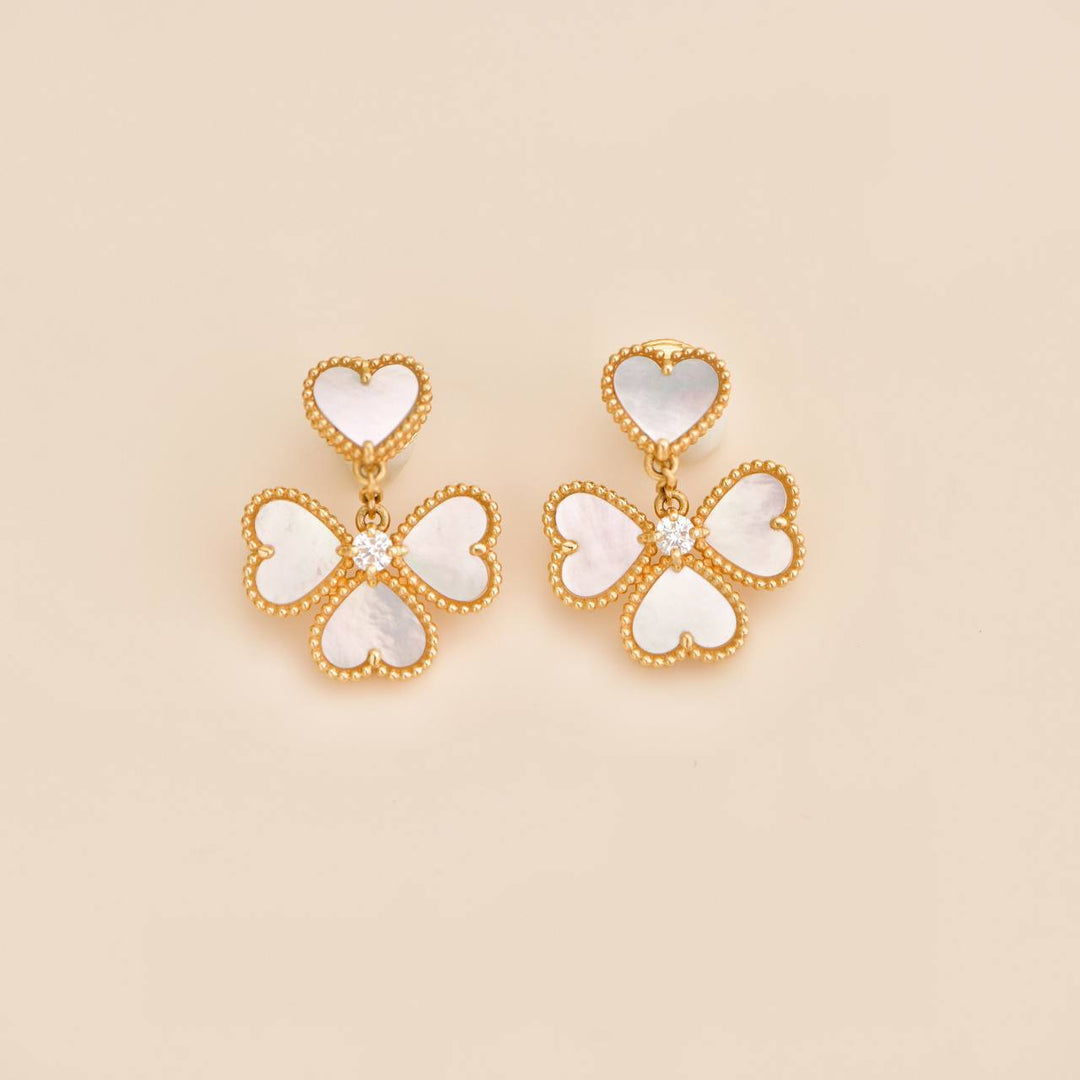 Preowned Van Cleef Sweet Hearts Diamond Mother of Pearl 18K Yellow Gold Earrings