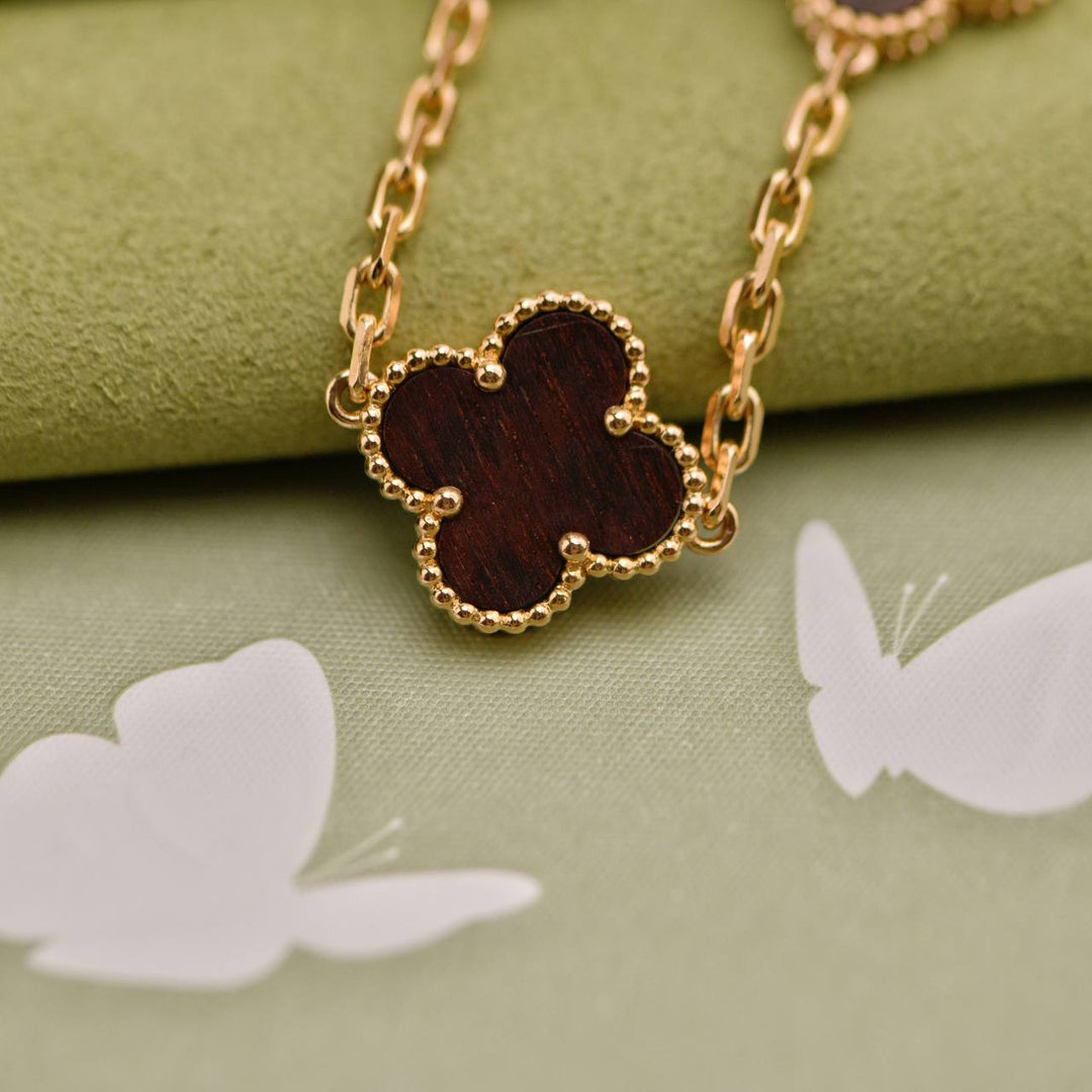 Used Van Cleef & Arpels Vintage Alhambra Letterwood 5 Motif 18K Yellow Rose Bracelet