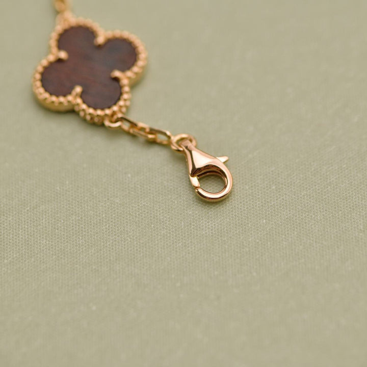 Used Van Cleef Vintage Alhambra Letterwood 5 Motif 18K Yellow Rose Bracelet