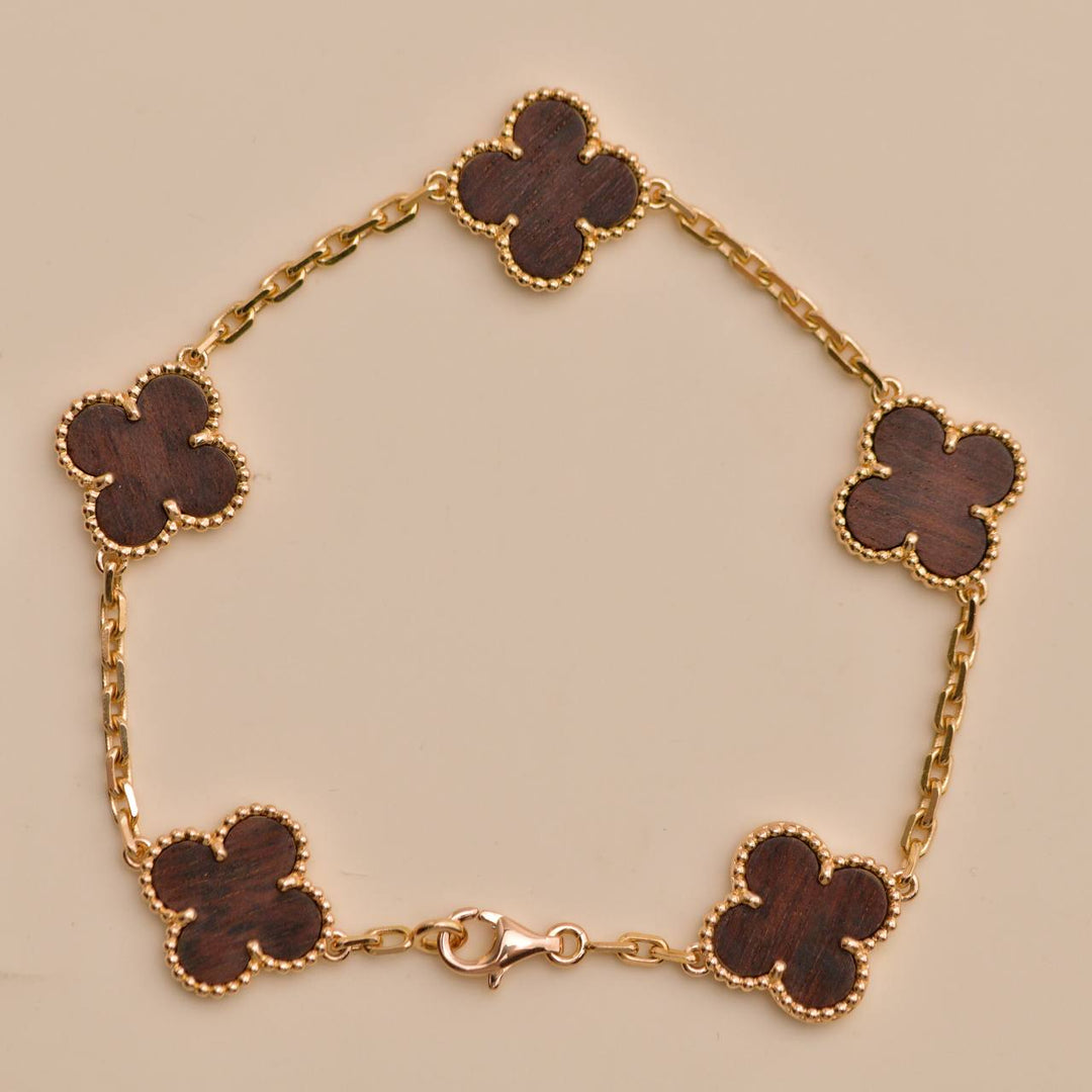 Preloved Van Cleef Vintage Alhambra Letterwood 5 Motif 18K Yellow Rose Bracelet