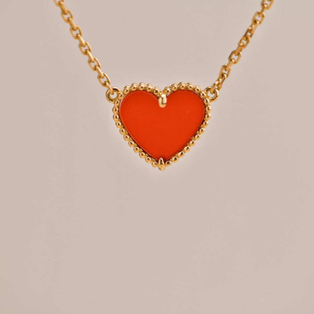 Preowned Van Cleef Sweet Alhambra Carnelian Heart 18K Rose Gold Pendant Necklace