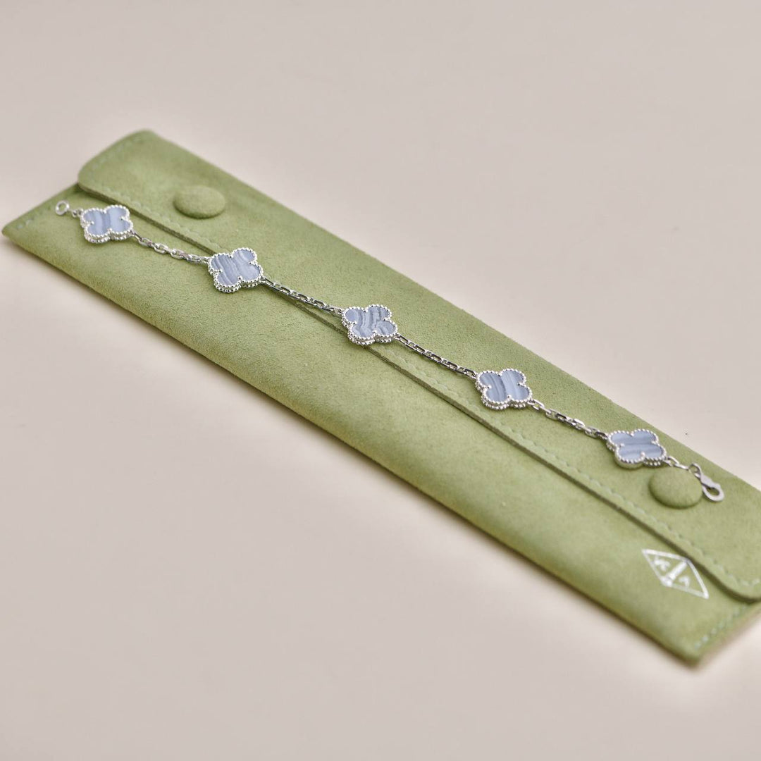 Preowned Van Cleef & Arpels Vintage Alhambra Chalcedony 5 Motif 18K White Gold Bracelet