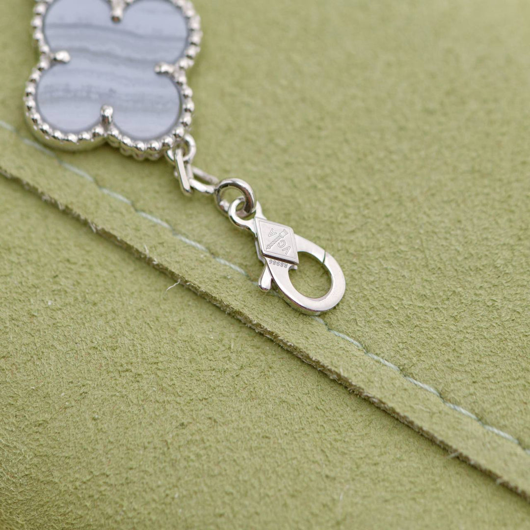 Used Van Cleef & Arpels Vintage Alhambra Chalcedony 5 Motif 18K White Gold Bracelet