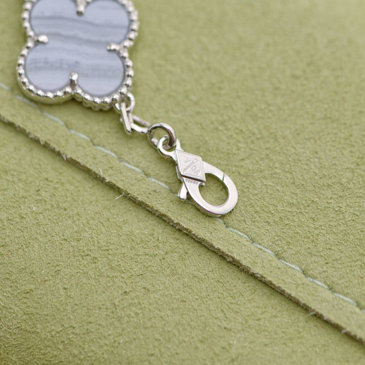 Used Van Cleef & Arpels Vintage Alhambra Chalcedony 5 Motif 18K White Gold Bracelet