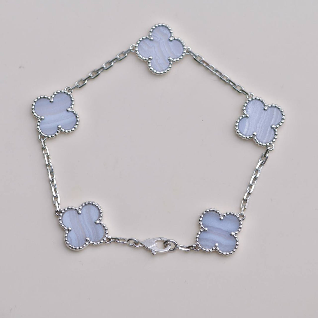 Preloved Van Cleef Vintage Alhambra Chalcedony 5 Motif 18K White Gold Bracelet