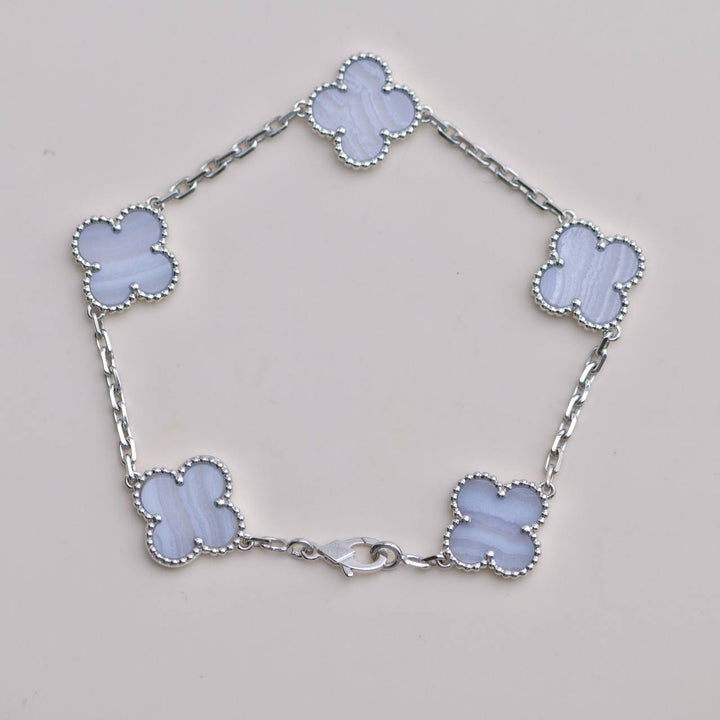 Preloved Van Cleef Vintage Alhambra Chalcedony 5 Motif 18K White Gold Bracelet