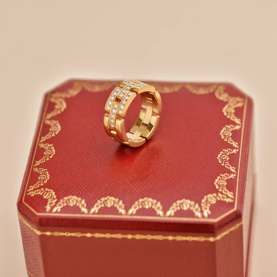 Used Cartier Maillon Panthère Half Paved Diamond 18K Yellow Gold Ring Size 54
