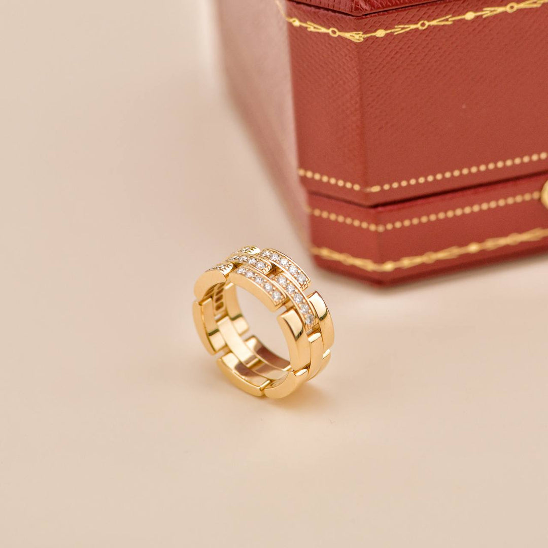 Preowned Cartier Maillon Panthère Half Paved Diamond 18K Yellow Gold Ring