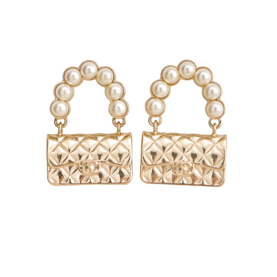 Preloved Chanel Faux Pearl Quilted Classic Flap Bag Gold Tone Earrings