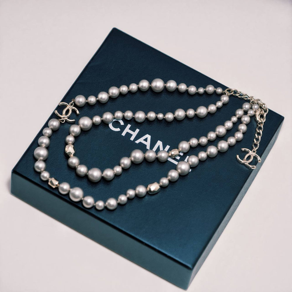 Preowned Chanel CC Collection Faux Grey Pearl Gold Tone Necklace