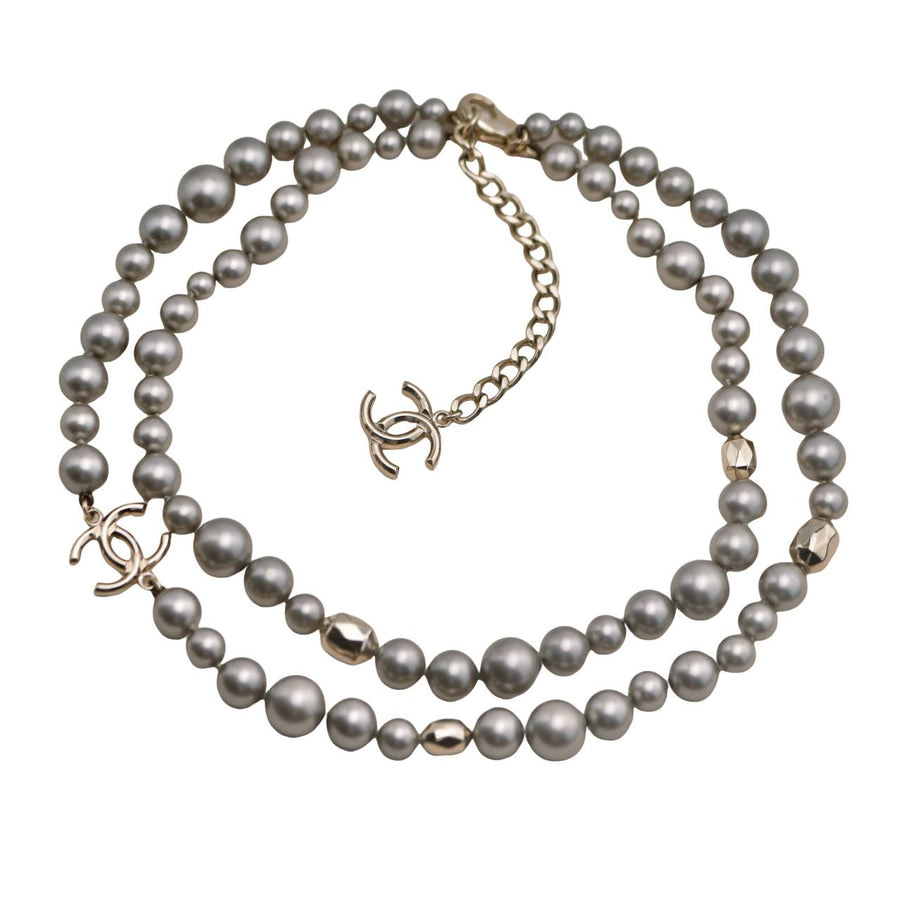 Preloved Chanel CC Collection Faux Grey Pearl Gold Tone Necklace