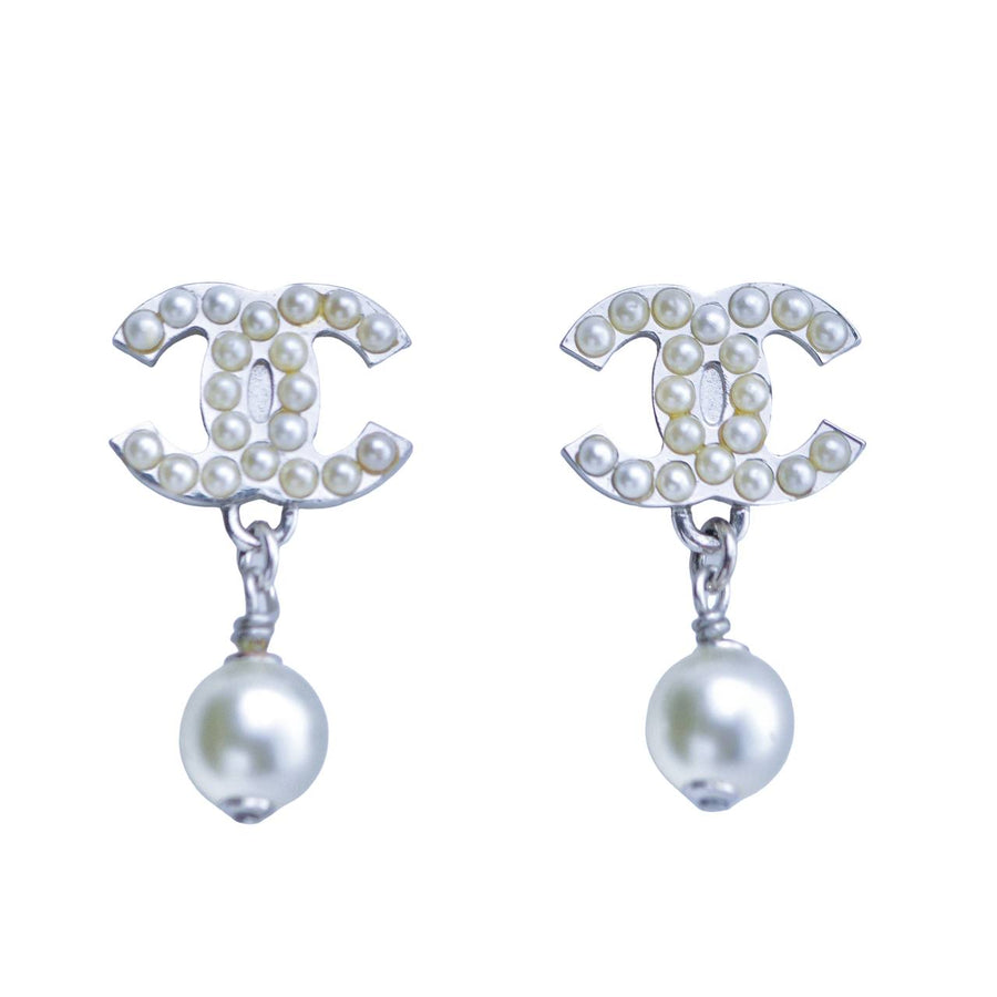 Preloved Chanel CC Logo Faux Pearl Drop Earrings