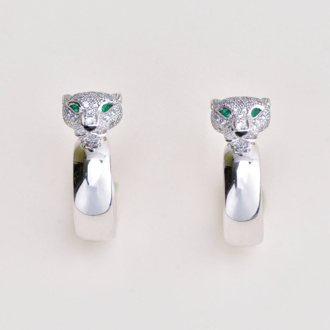 Second Hand Cartier Panthère de Cartier 18K White Gold Emerald Diamond Hoop Earrings