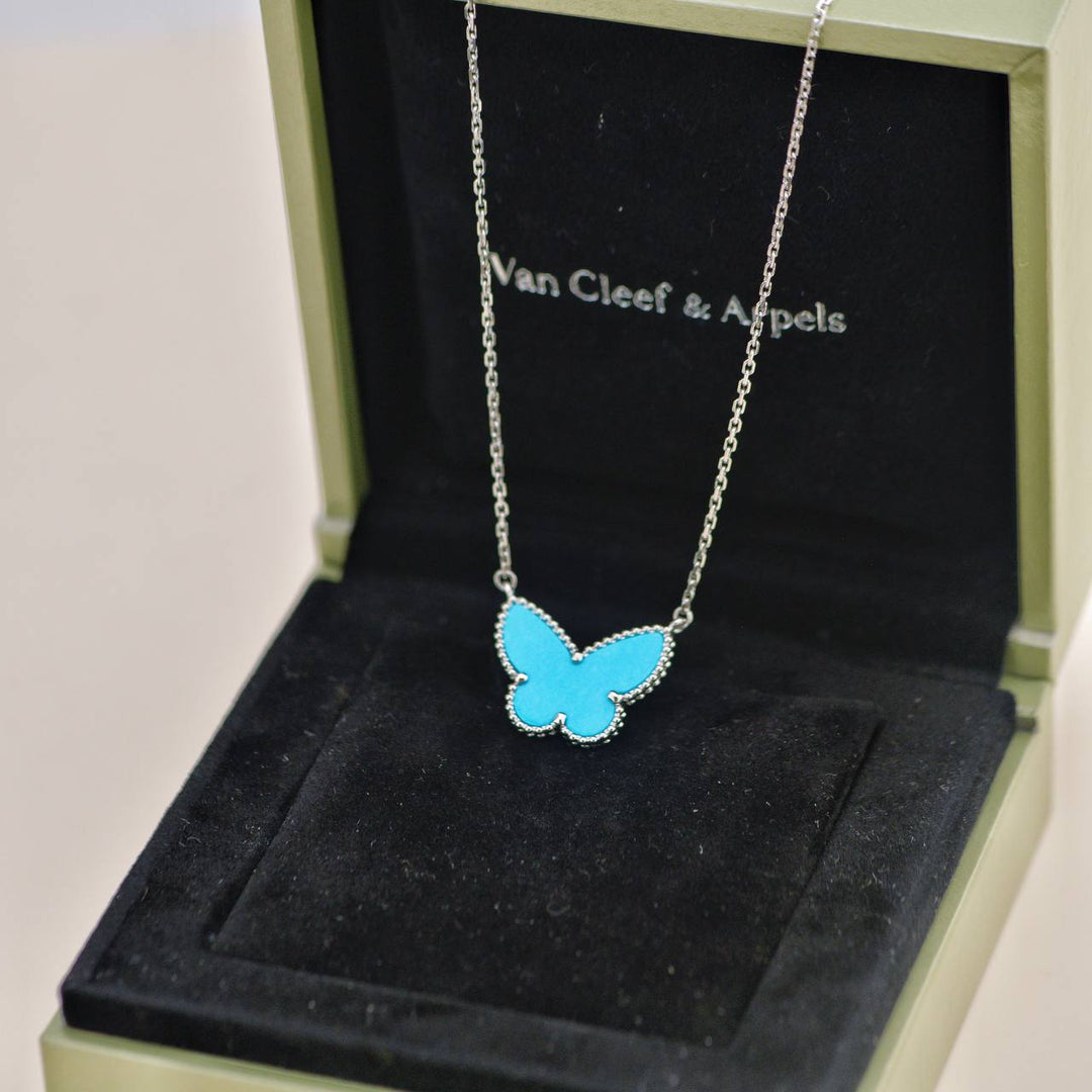 Second Hand Van Cleef & Arpels Alhambra Turquoise Butterfly 18K White Gold Pendant Necklace