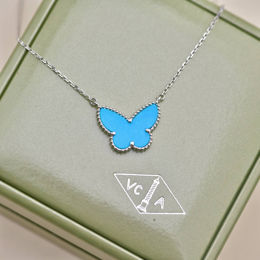 Used Van Cleef & Arpels Alhambra Turquoise Butterfly 18K White Gold Pendant Necklace